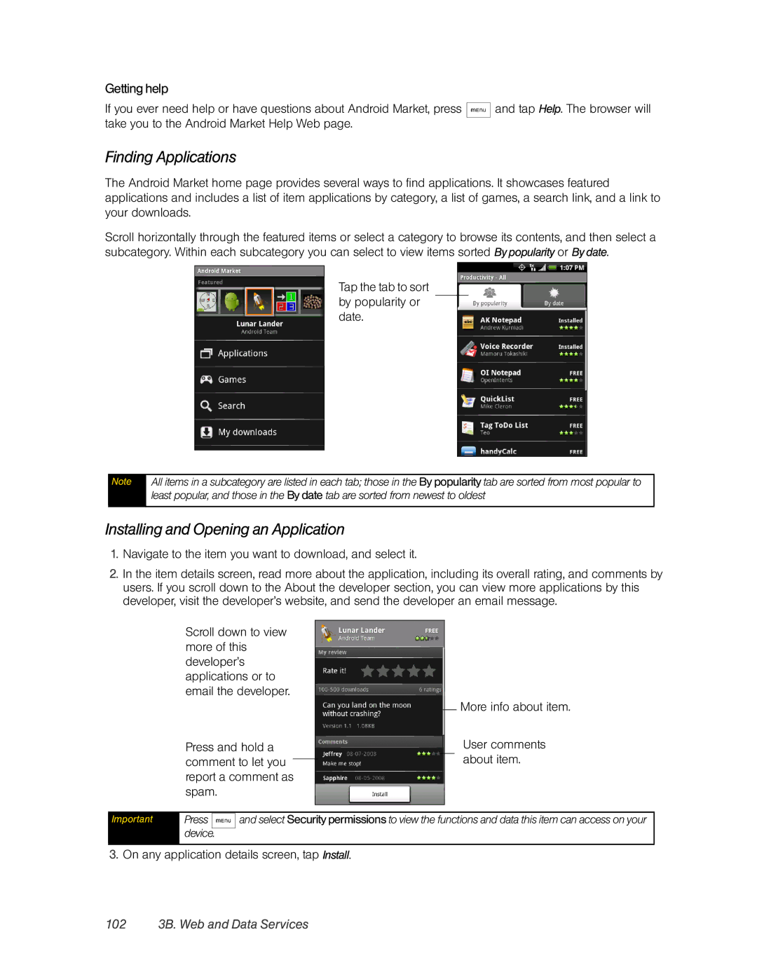 HTC Hero manual Finding Applications, Installing and Opening an Application, Getting help, 102 3B. Web and Data Services 