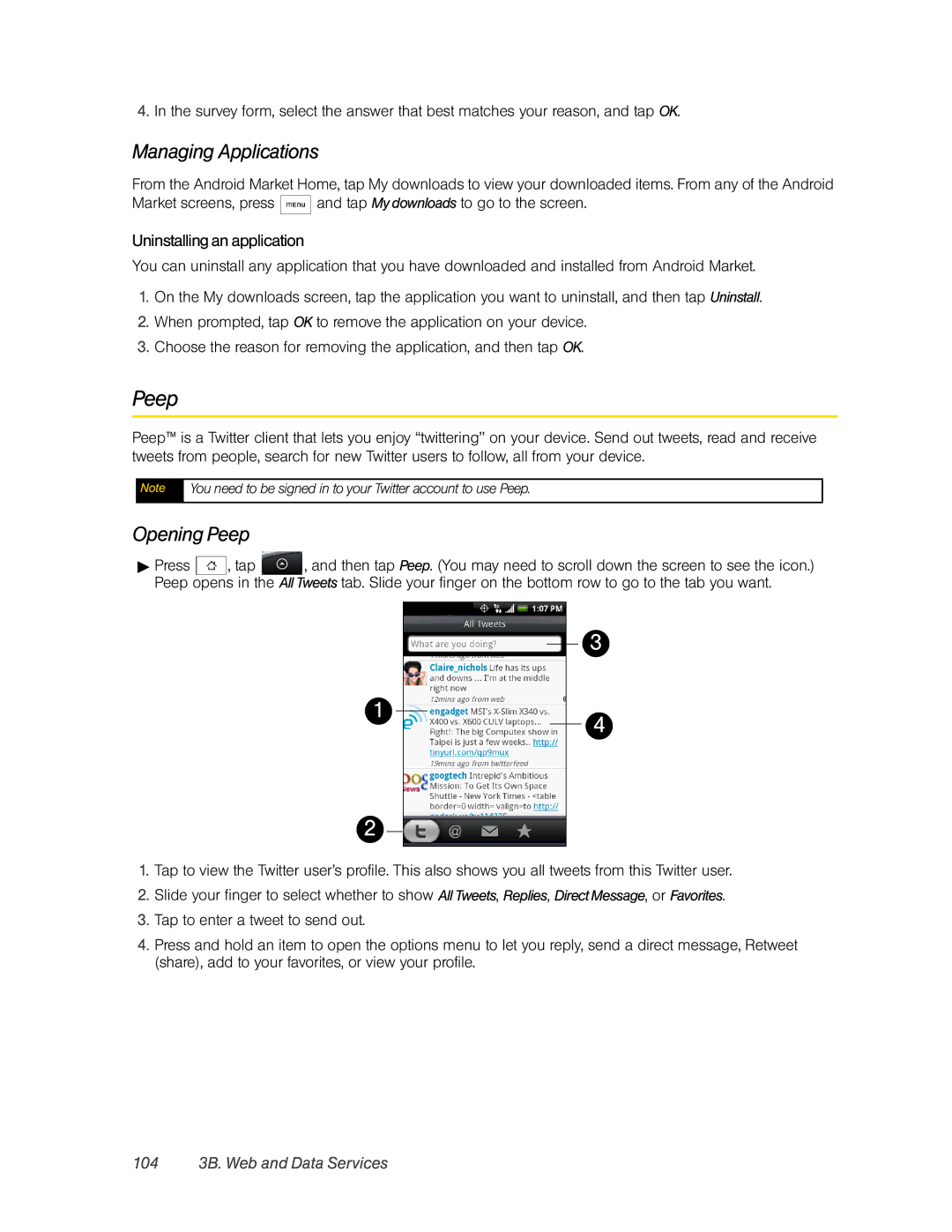 HTC Hero manual Managing Applications, Opening Peep, Uninstalling an application, 104 3B. Web and Data Services 