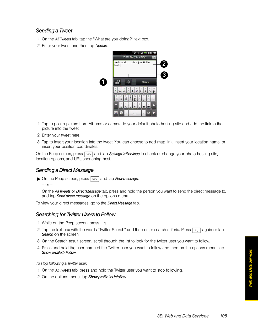 HTC Hero Sending a Tweet, Sending a Direct Message, Searching for Twitter Users to Follow, 3B. Web and Data Services 105 
