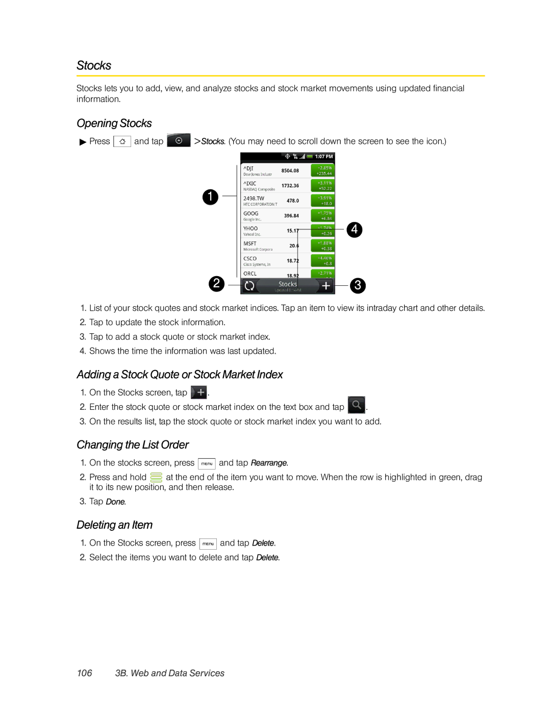 HTC Hero manual Opening Stocks, Adding a Stock Quote or Stock Market Index, Changing the List Order, Deleting an Item 