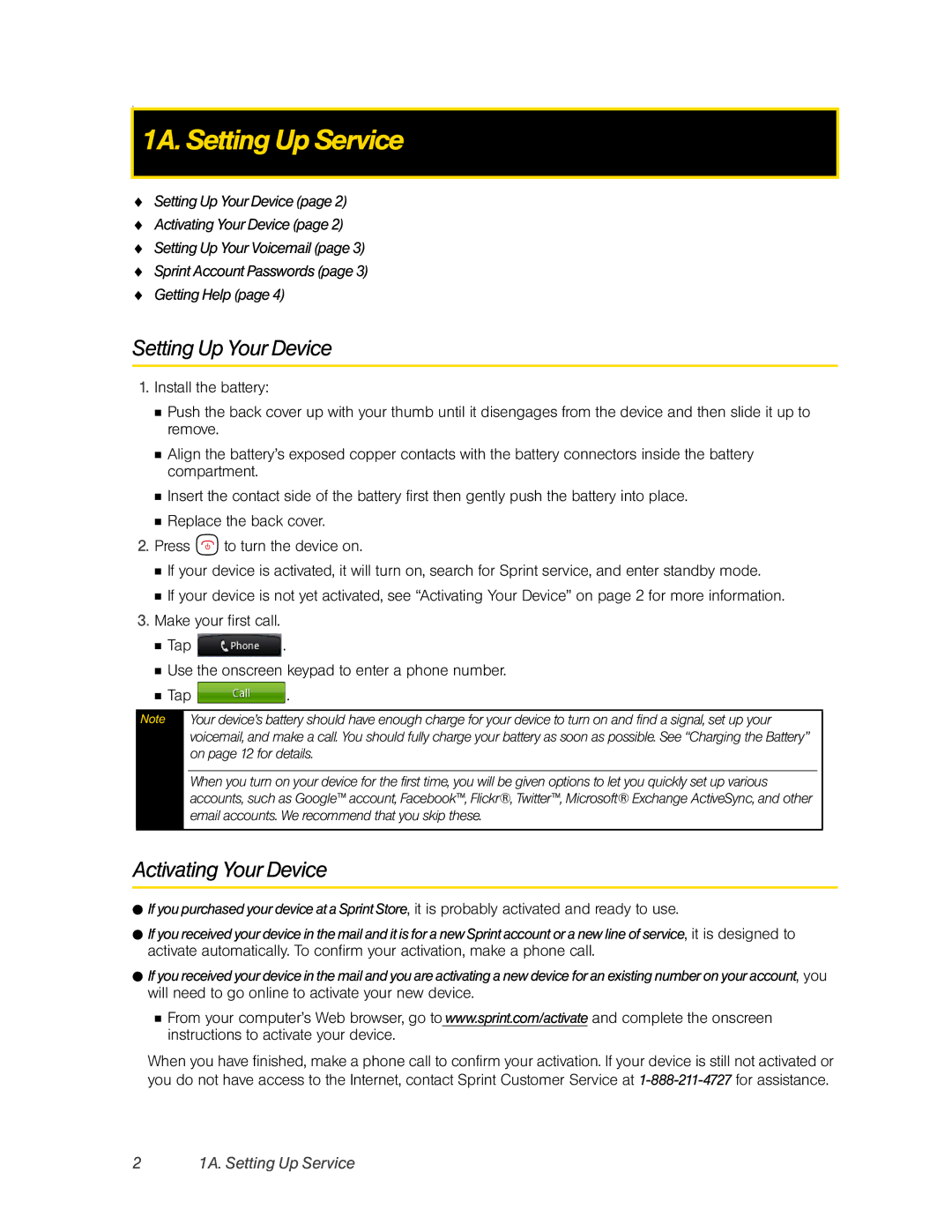 HTC Hero manual 1A. Setting Up Service, Setting Up Your Device, Activating Your Device 