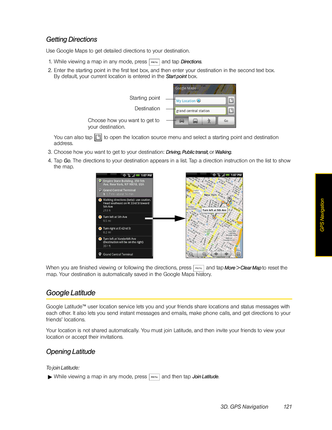 HTC Hero manual Google Latitude, Getting Directions, Opening Latitude, 3D. GPS Navigation 121, To join Latitude 