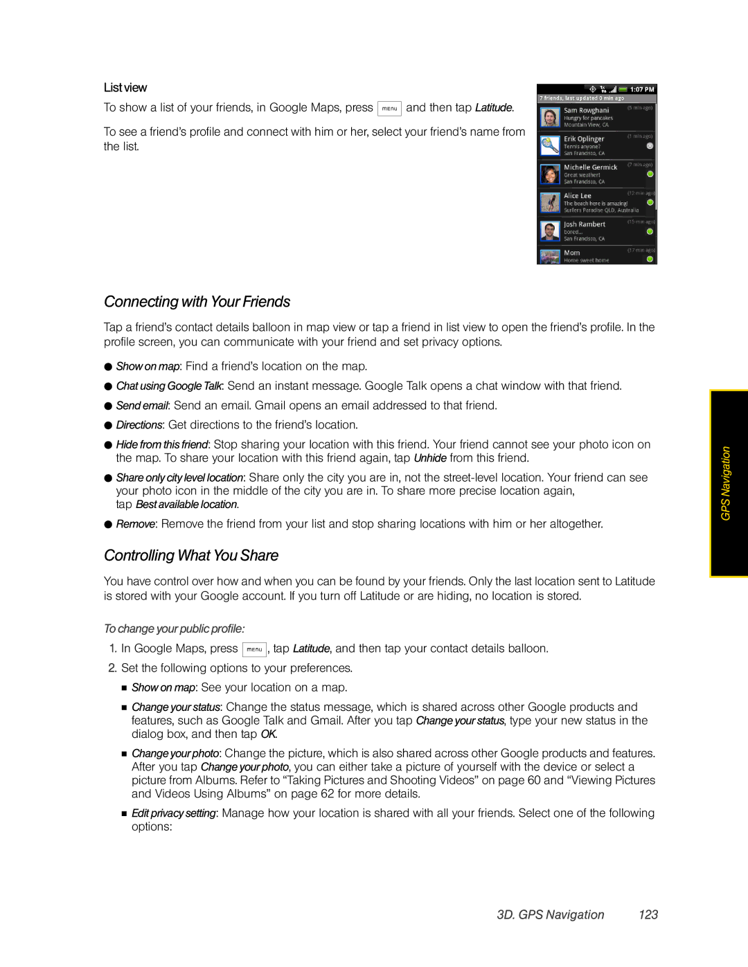 HTC Hero manual Connecting with Your Friends, Controlling What You Share, List view, 3D. GPS Navigation 123 