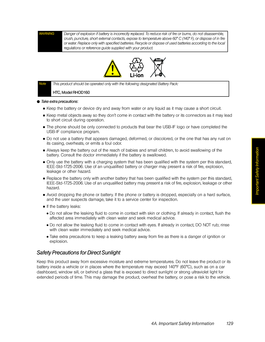 HTC Hero manual Safety Precautions for Direct Sunlight, 4A. Important Safety Information 129,  Take extra precautions 