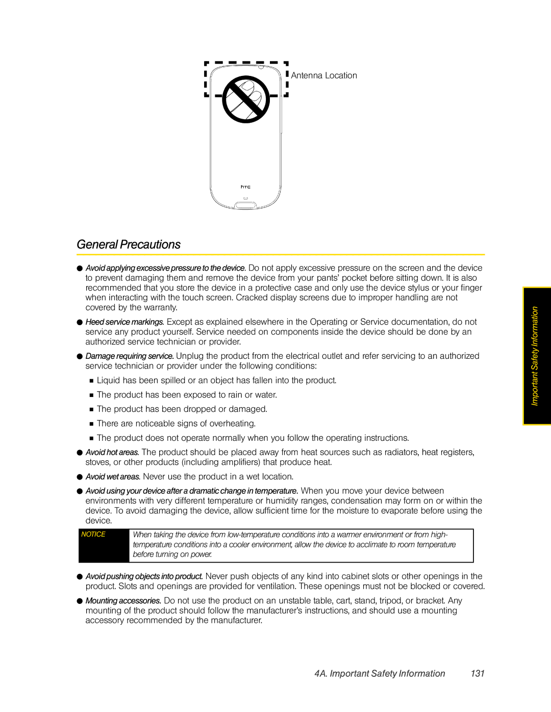 HTC Hero manual General Precautions, 4A. Important Safety Information 131, Antenna Location 