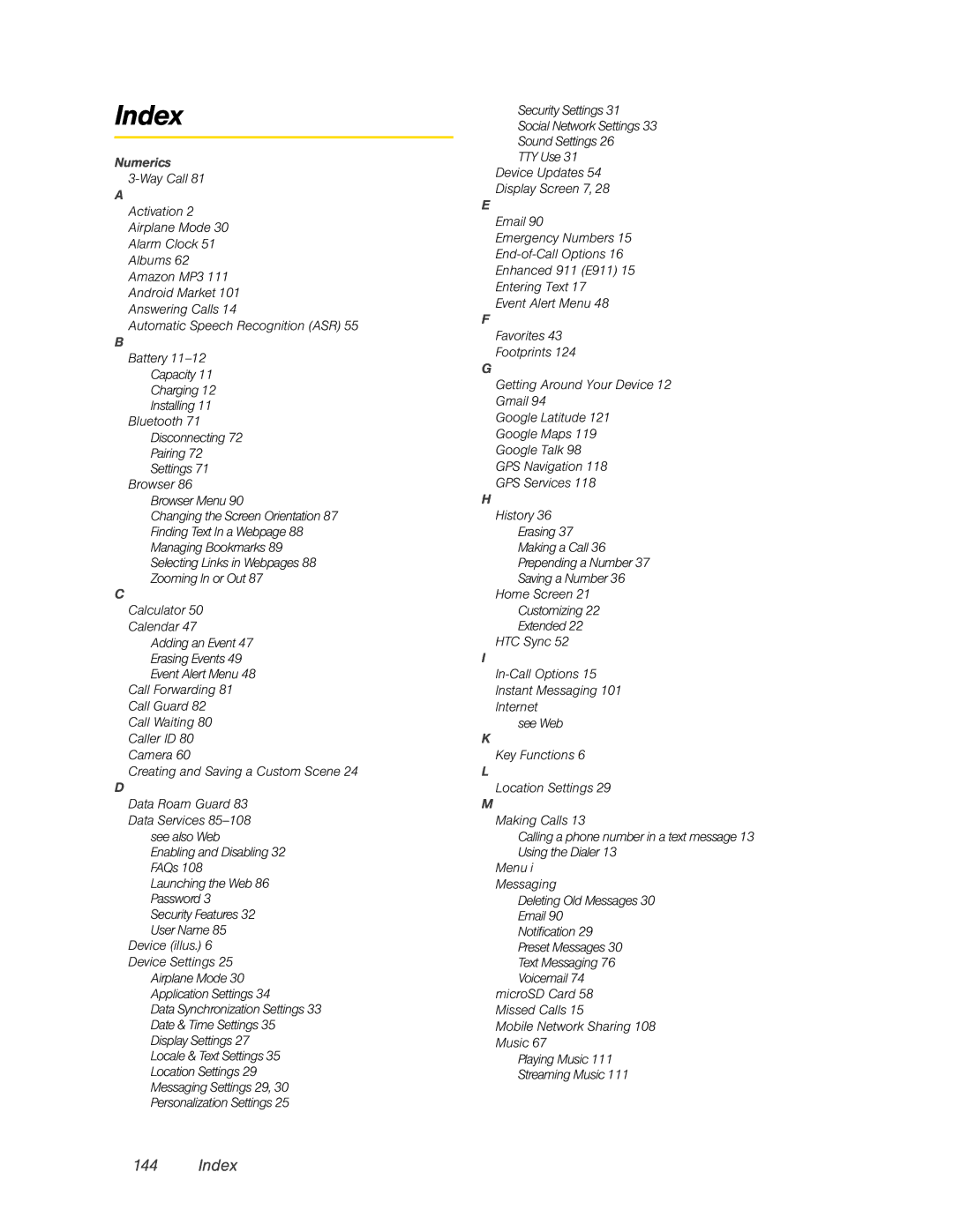 HTC Hero manual Index 