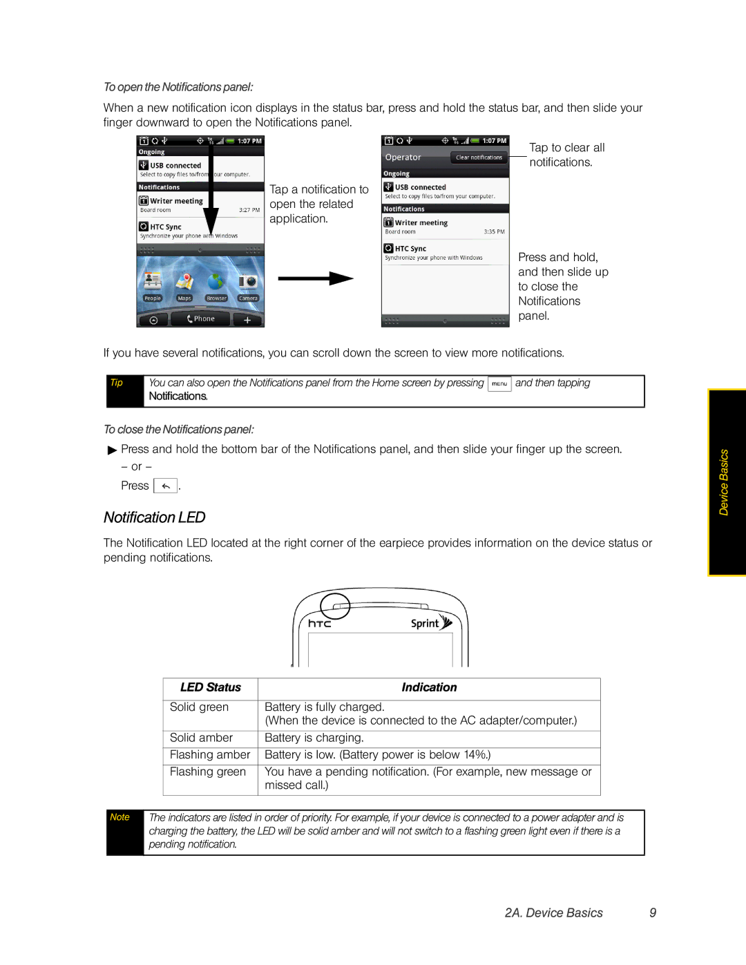 HTC Hero manual Notification LED, To open the Notifications panel, To close the Notifications panel 