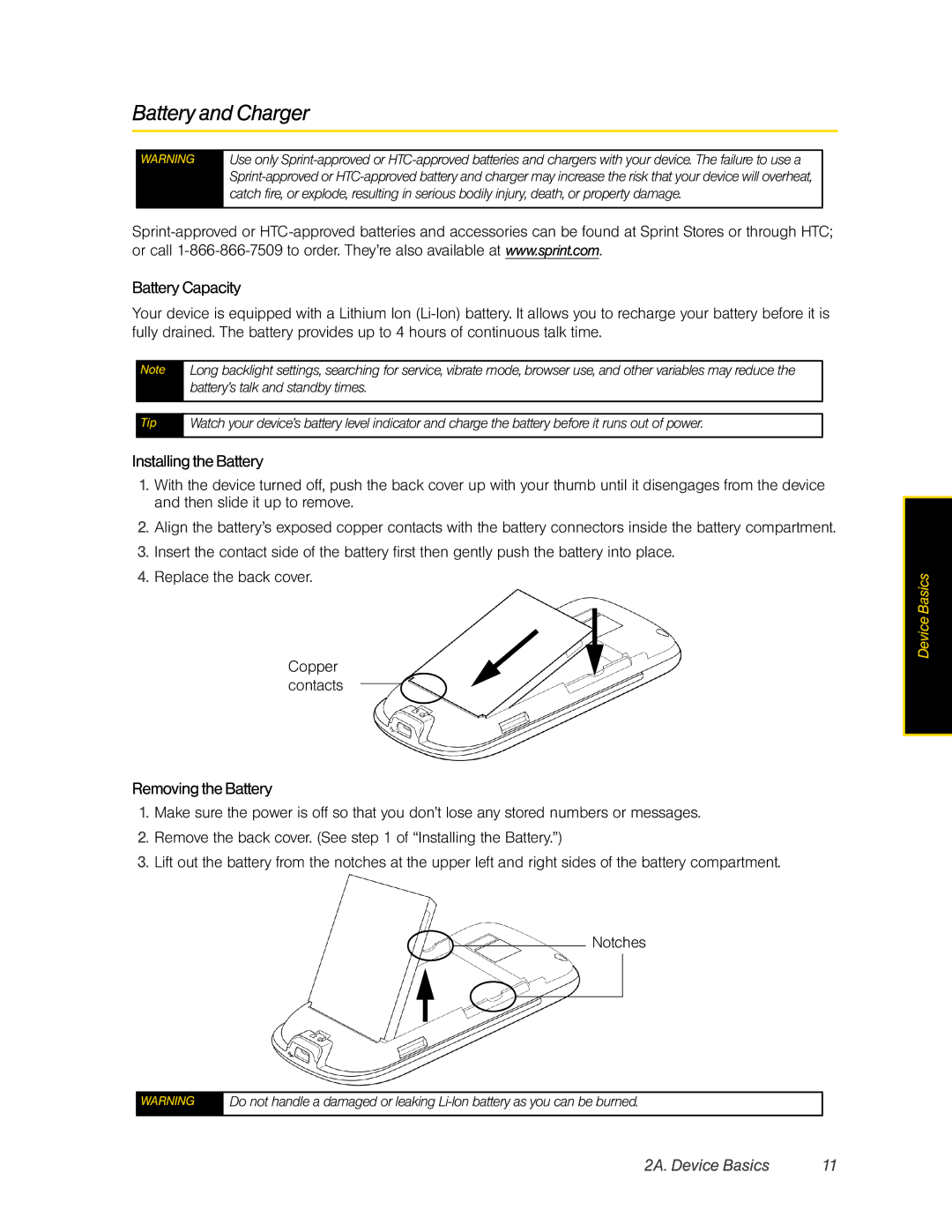 HTC Hero manual Battery and Charger, Battery Capacity, Installing the Battery, Removing the Battery 