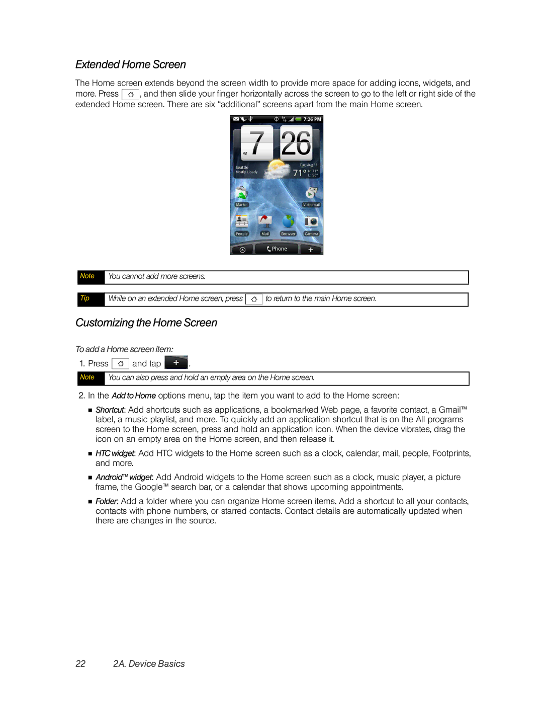 HTC Hero manual Extended Home Screen, Customizing the Home Screen, 22 2A. Device Basics, To add a Home screen item 