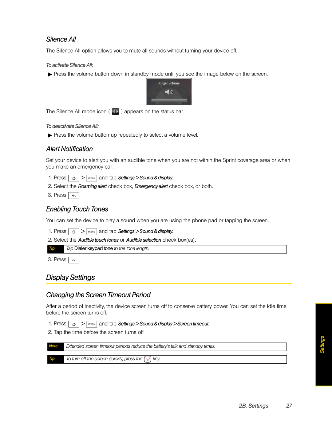 HTC Hero manual Display Settings, Silence All, Alert Notification, Enabling Touch Tones, Changing the Screen Timeout Period 