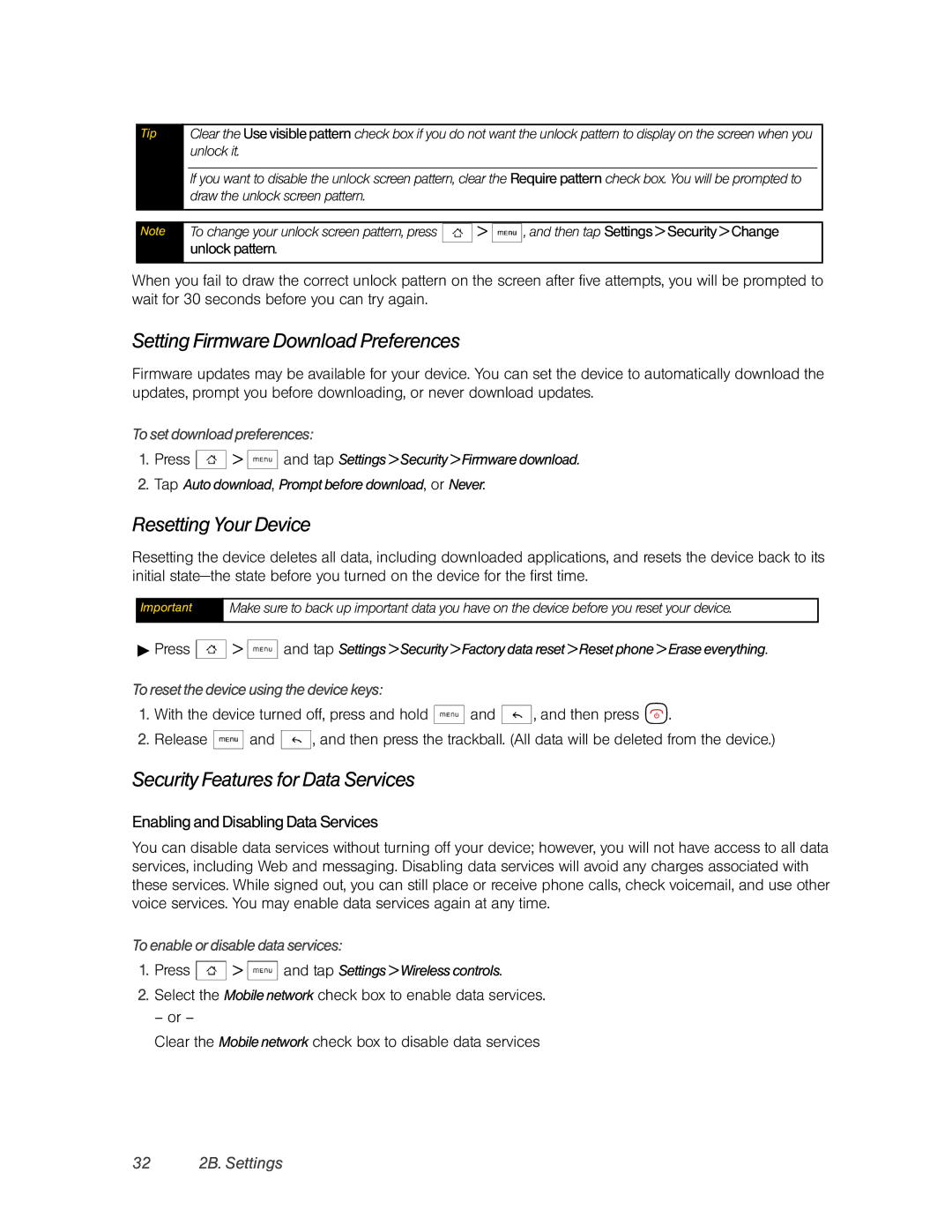 HTC Hero manual Setting Firmware Download Preferences, Resetting Your Device, Security Features for Data Services 