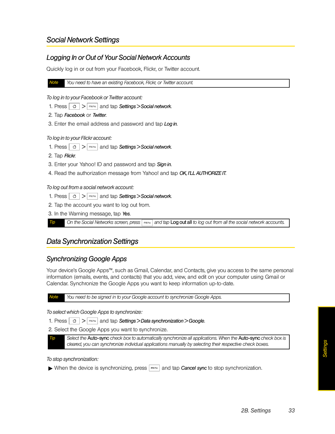 HTC Hero manual Social Network Settings, Data Synchronization Settings, Logging In or Out of Your Social Network Accounts 