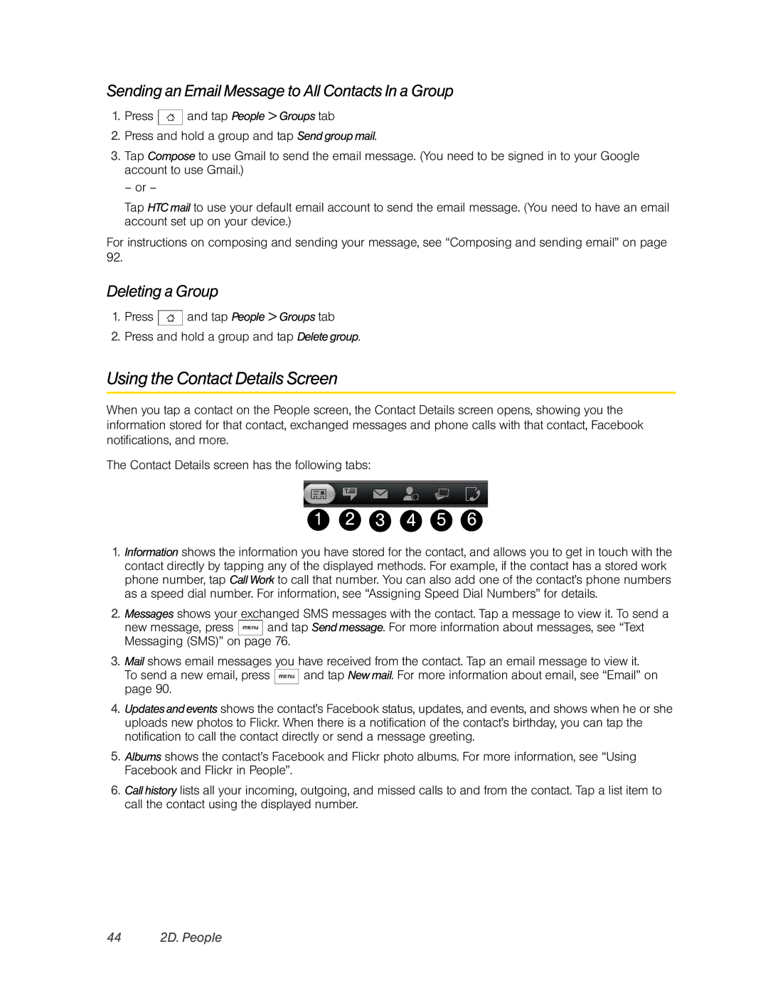 HTC Hero manual Using the Contact Details Screen, Sending an Email Message to All Contacts In a Group, Deleting a Group 