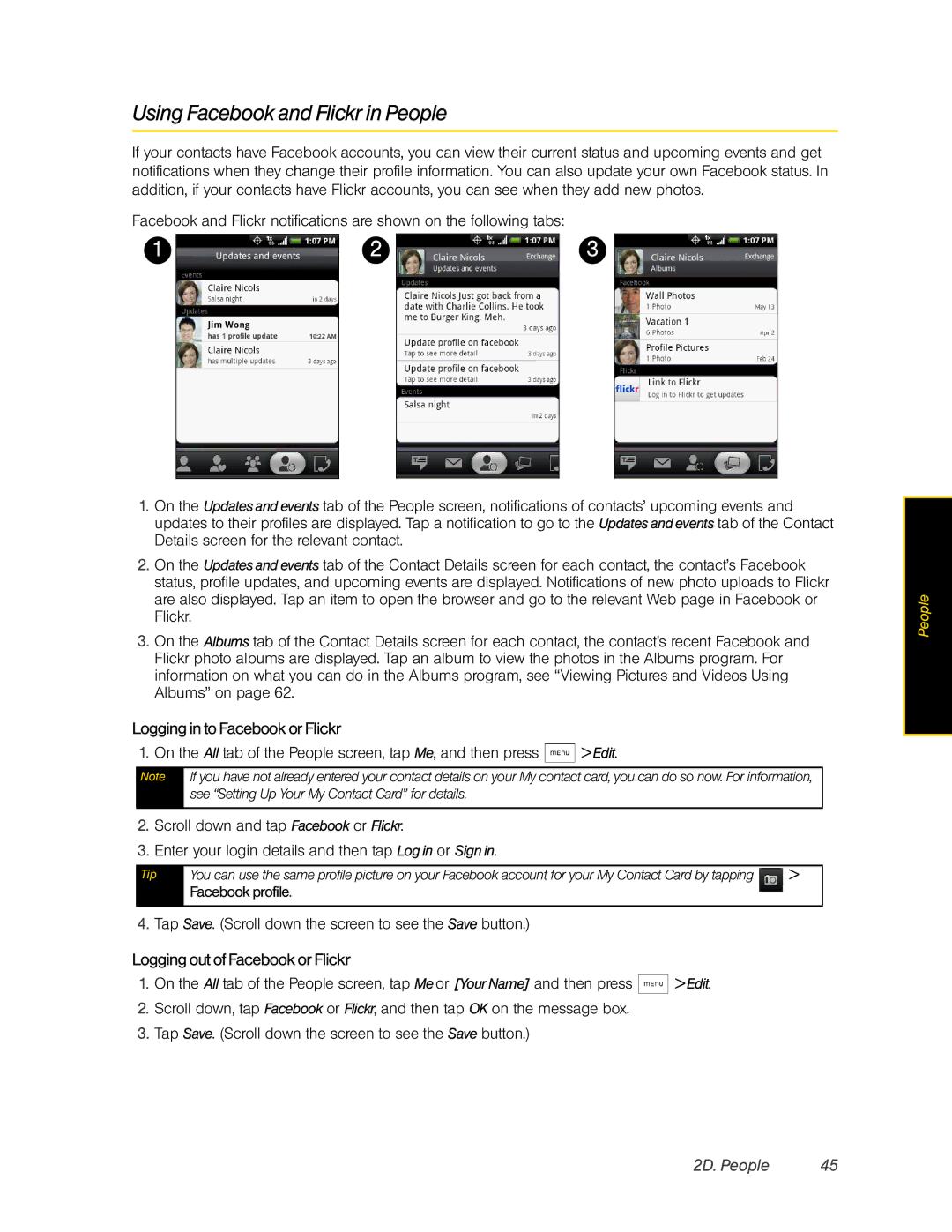 HTC Hero manual Using Facebook and Flickr in People, Logging in to Facebook or Flickr, Logging out of Facebook or Flickr 