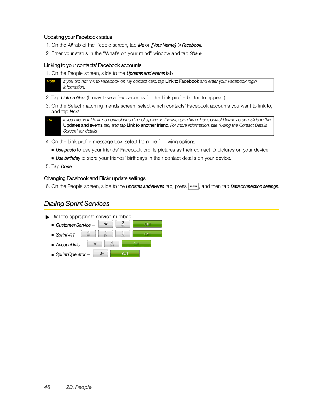 HTC Hero manual Dialing Sprint Services, Updating your Facebook status, Linking to your contacts’ Facebook accounts 