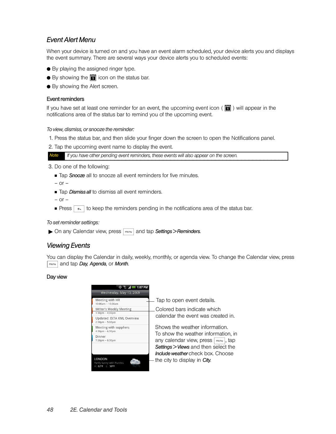 HTC Hero manual Event Alert Menu, Viewing Events, Event reminders, Day view, 48 2E. Calendar and Tools 