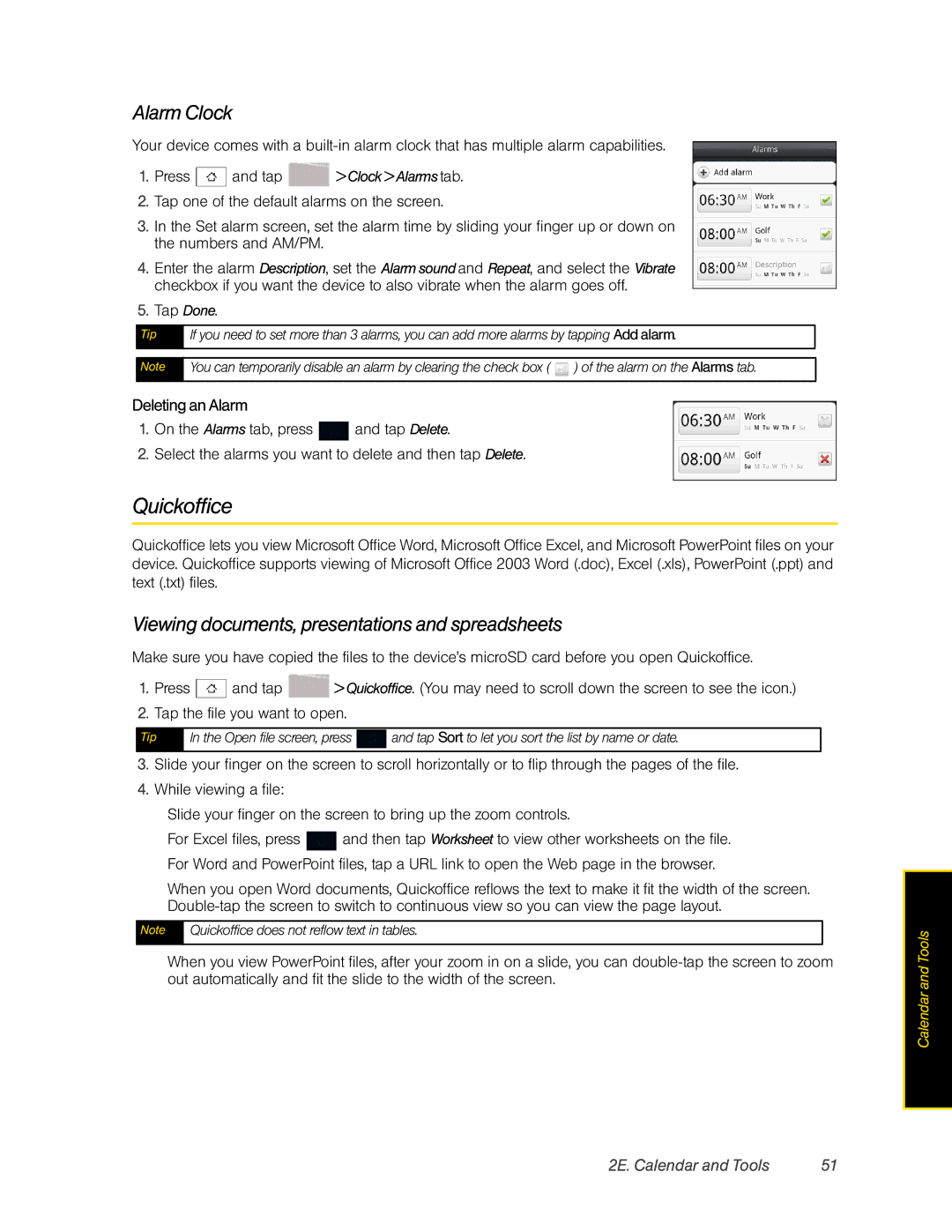 HTC Hero manual Quickoffice, Alarm Clock, Viewing documents, presentations and spreadsheets, Deleting an Alarm 