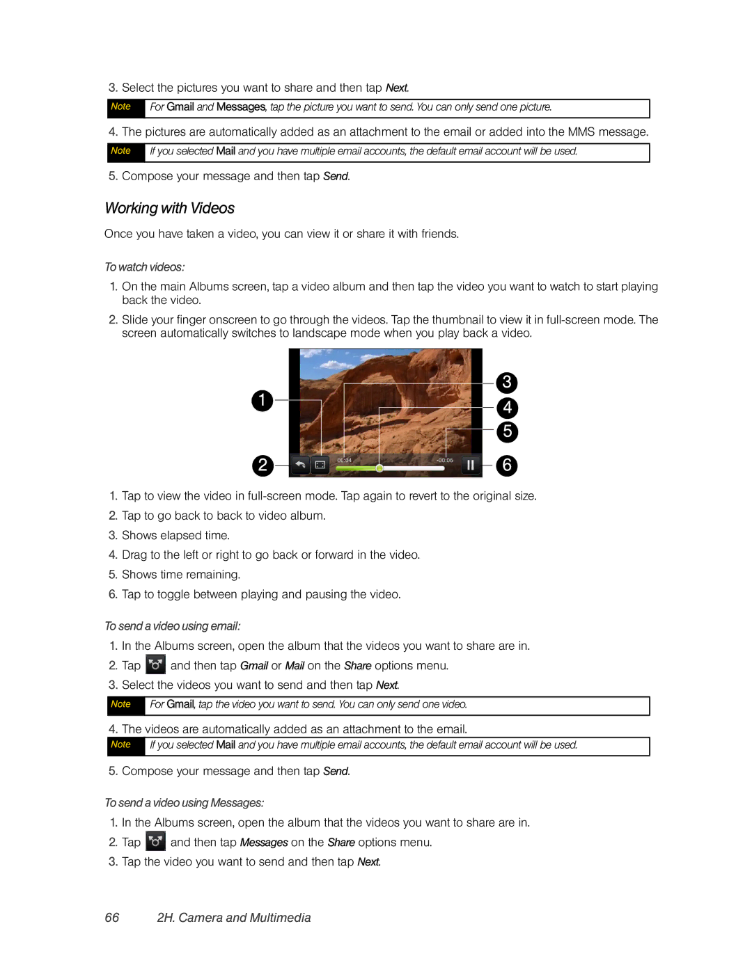 HTC Hero manual Working with Videos, 66 2H. Camera and Multimedia, To watch videos, To send a video using email 