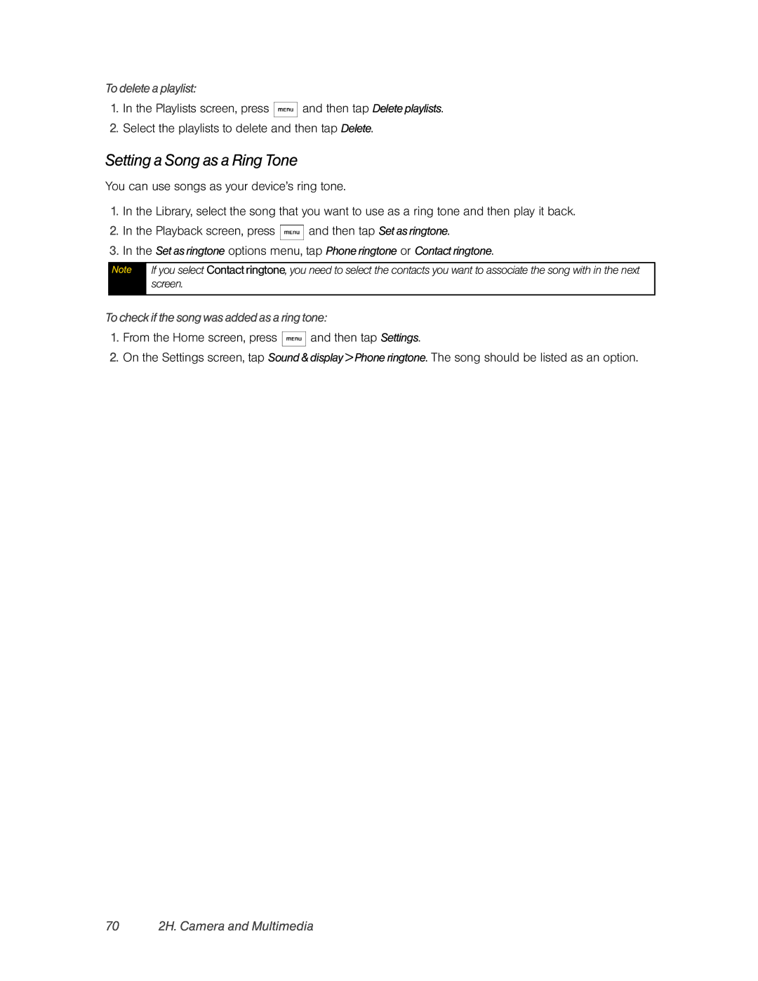 HTC Hero manual Setting a Song as a Ring Tone, 70 2H. Camera and Multimedia, To delete a playlist 