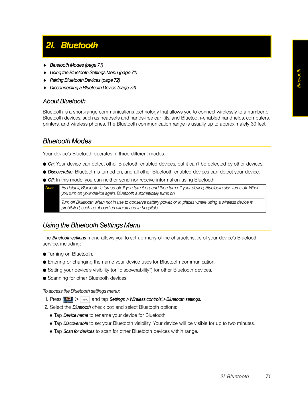 HTC Hero manual 2I. Bluetooth, Bluetooth Modes, Using the Bluetooth Settings Menu, About Bluetooth 