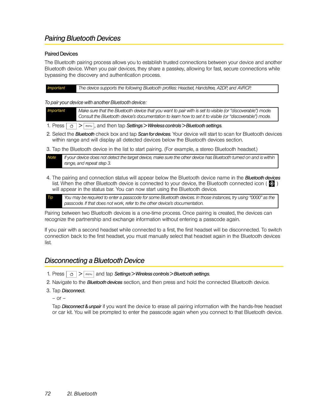 HTC Hero manual Pairing Bluetooth Devices, Disconnecting a Bluetooth Device, Paired Devices, 72 2I. Bluetooth 