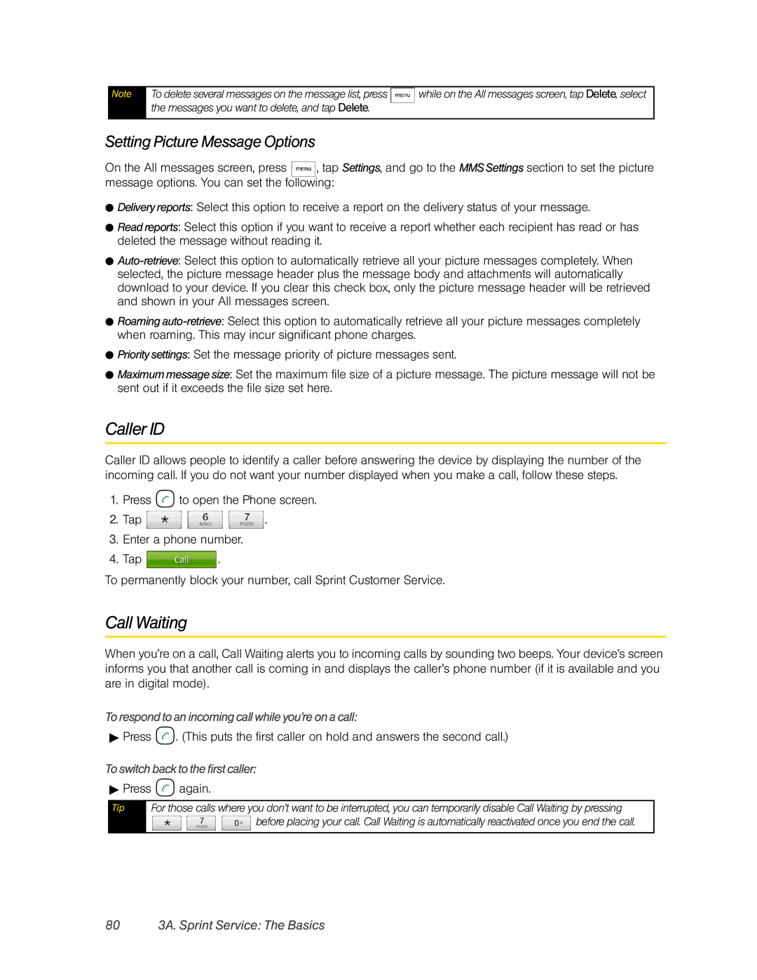HTC Hero manual Caller ID, Call Waiting, Setting Picture Message Options, 80 3A. Sprint Service The Basics 