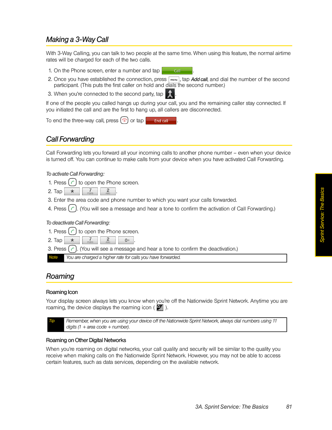 HTC Hero manual Making a 3-Way Call, Call Forwarding, Roaming Icon, Roaming on Other Digital Networks 