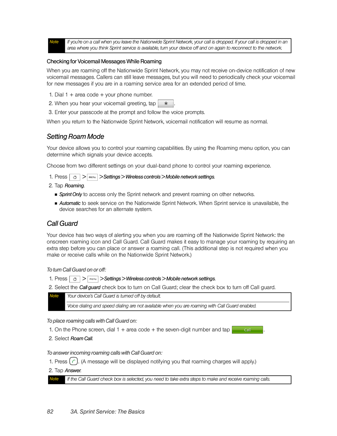 HTC Hero Setting Roam Mode, Call Guard, Checking for Voicemail Messages While Roaming, 82 3A. Sprint Service The Basics 