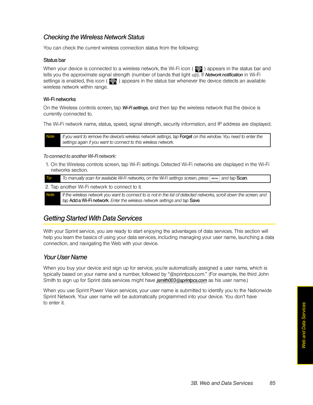 HTC Hero manual Getting Started With Data Services, Checking the Wireless Network Status, Your User Name 