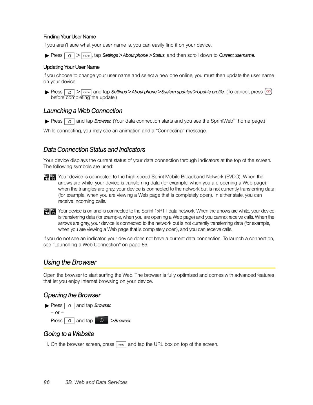 HTC Hero manual Using the Browser, Launching a Web Connection, Data Connection Status and Indicators, Opening the Browser 