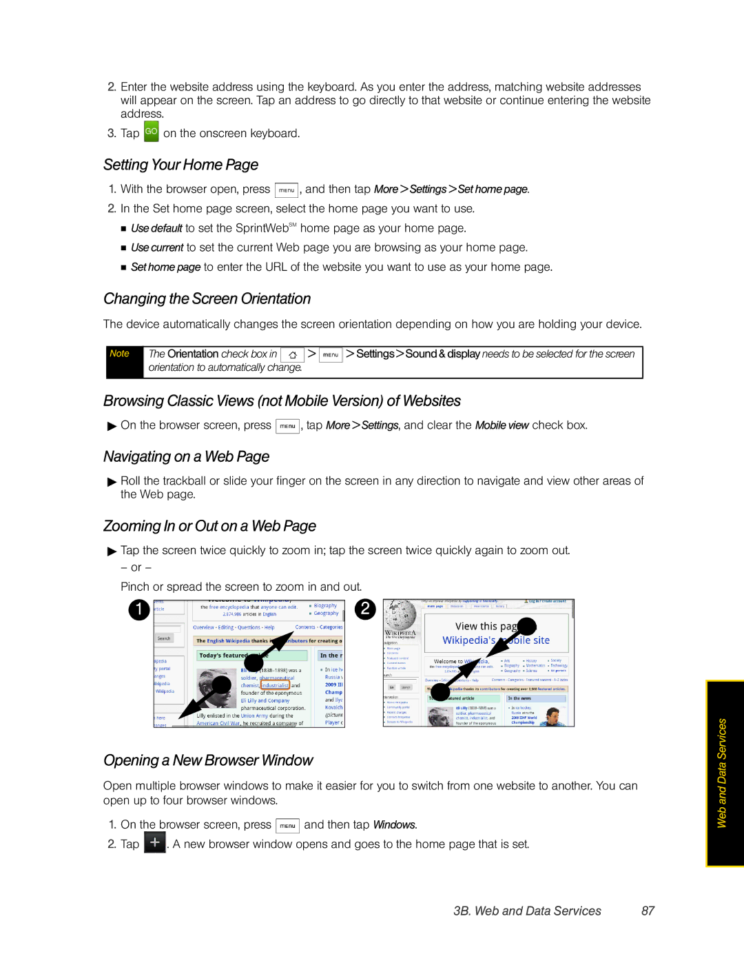 HTC Hero manual Setting Your Home, Changing the Screen Orientation, Browsing Classic Views not Mobile Version of Websites 