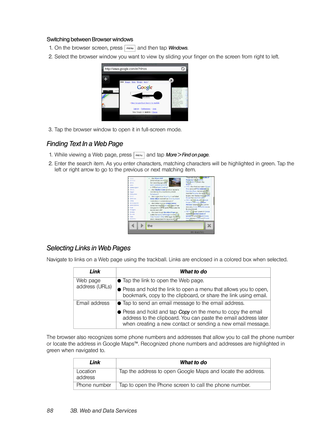 HTC Hero manual Finding Text In a Web, Selecting Links in Web Pages, Switching between Browser windows 