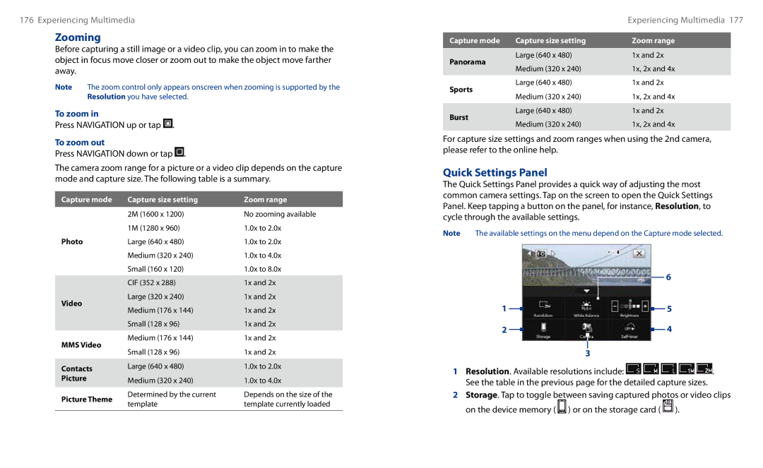 HTC HS S00 user manual Zooming, Quick Settings Panel, Press Navigation up or tap, To zoom out 