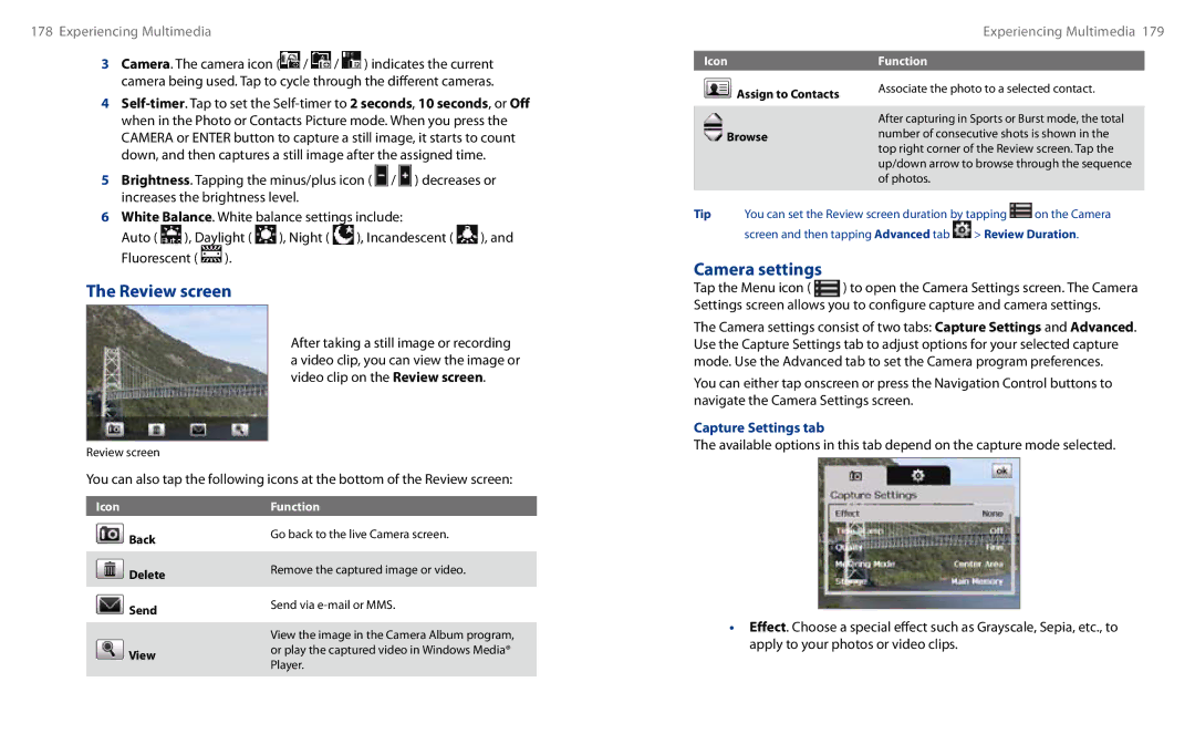 HTC HS S00 user manual Review screen, Camera settings, Capture Settings tab 