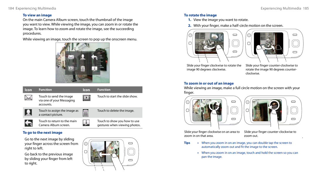 HTC HS S00 user manual To view an image, To go to the next image, To rotate the image, To zoom in or out of an image 