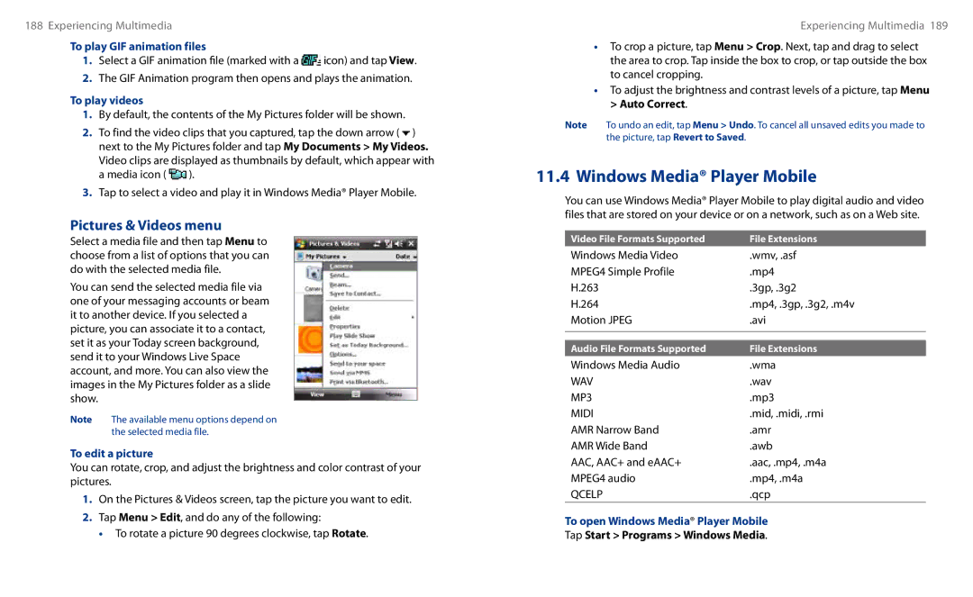 HTC HS S00 user manual Pictures & Videos menu, To play GIF animation files, To play videos, To edit a picture 