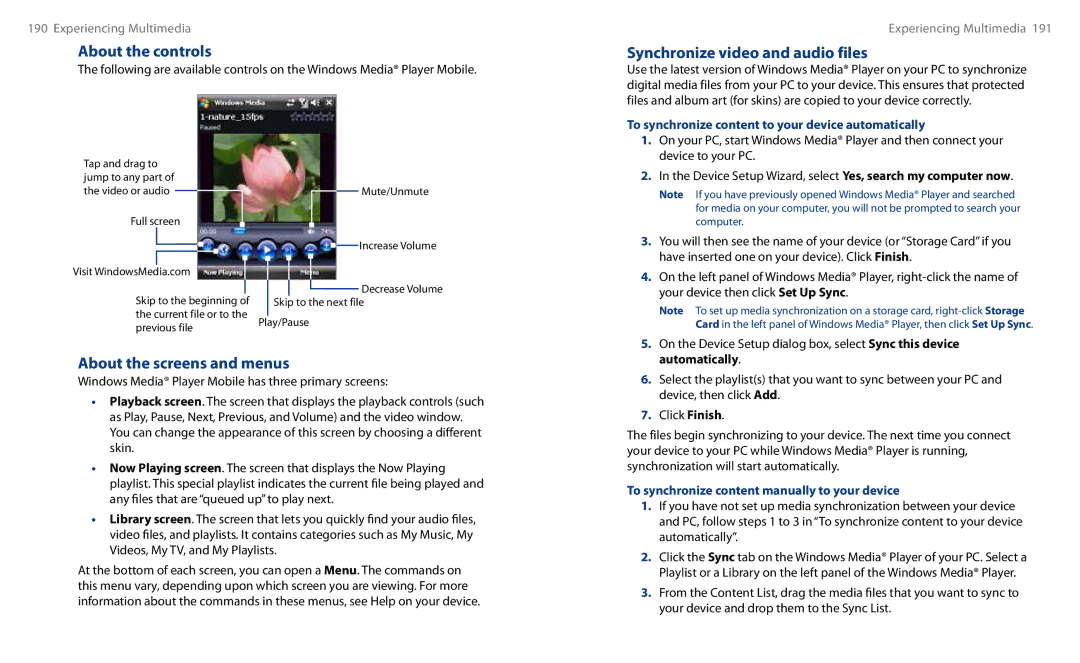 HTC HS S00 user manual About the controls, Synchronize video and audio files, About the screens and menus 