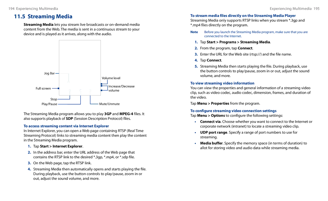 HTC HS S00 user manual To access streaming content via Internet Explorer, Tap Start Programs Streaming Media 