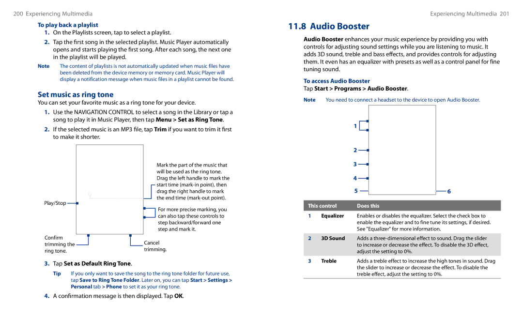 HTC HS S00 Set music as ring tone, To play back a playlist, To access Audio Booster, Tap Start Programs Audio Booster 