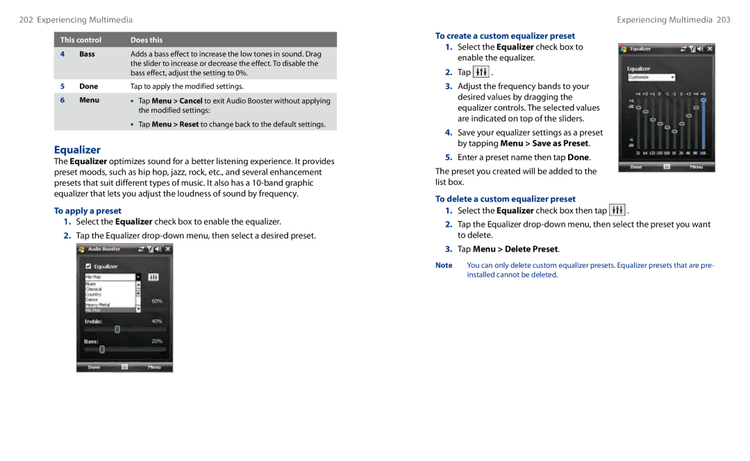 HTC HS S00 Equalizer, To apply a preset, To create a custom equalizer preset, To delete a custom equalizer preset 