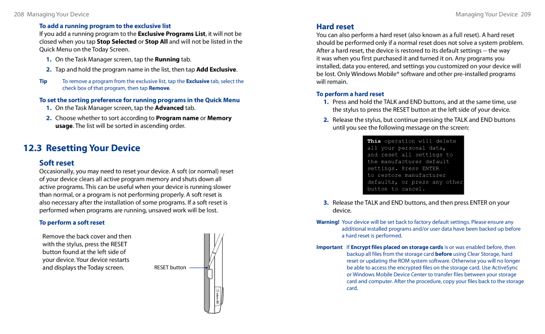 HTC HS S00 user manual Soft reset, Hard reset, To add a running program to the exclusive list, To perform a soft reset 