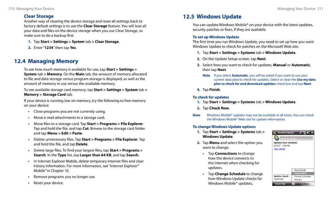 HTC HS S00 user manual Clear Storage, To set up Windows Update, To check for updates, To change Windows Update options 