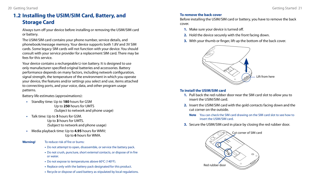 HTC HS S00 Installing the USIM/SIM Card, Battery, and Storage Card, To remove the back cover, To install the USIM/SIM card 