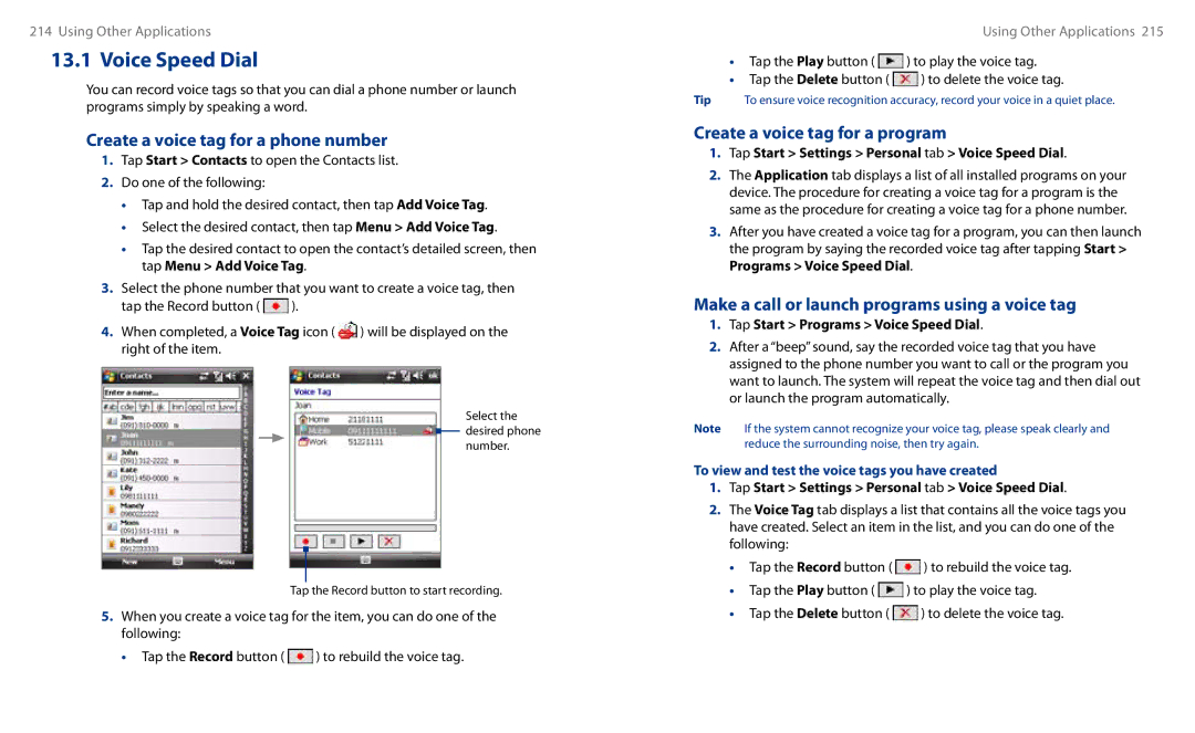 HTC HS S00 user manual Voice Speed Dial, Create a voice tag for a phone number, Create a voice tag for a program 