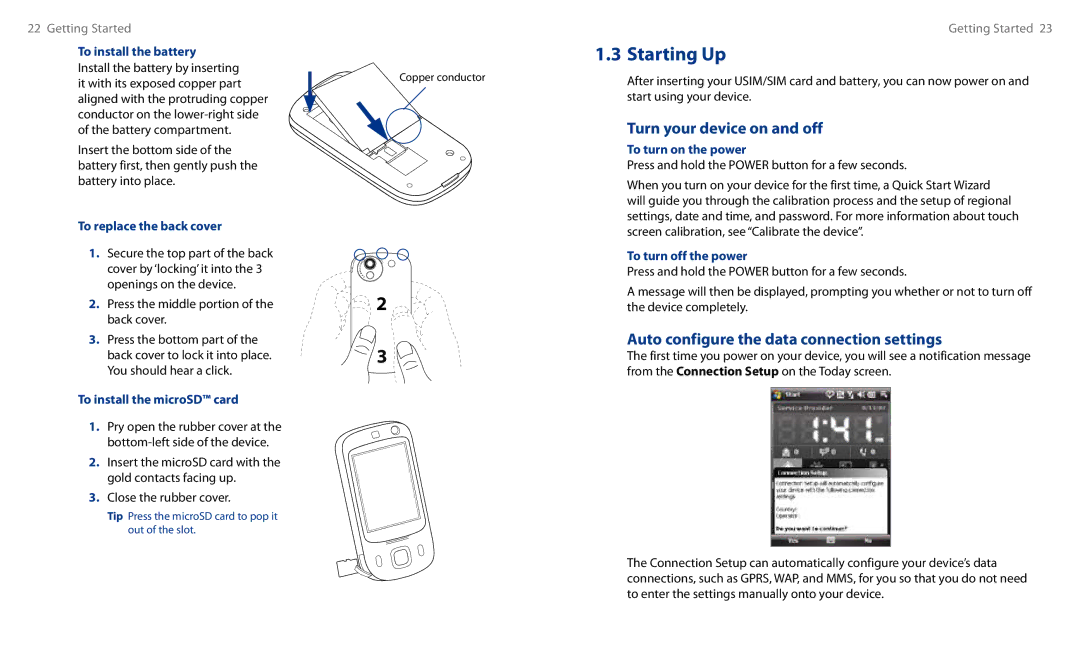 HTC HS S00 user manual Starting Up, Turn your device on and off, Auto configure the data connection settings 