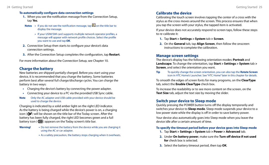 HTC HS S00 user manual Charge the battery, Calibrate the device, Manage screen settings, Switch your device to Sleep mode 