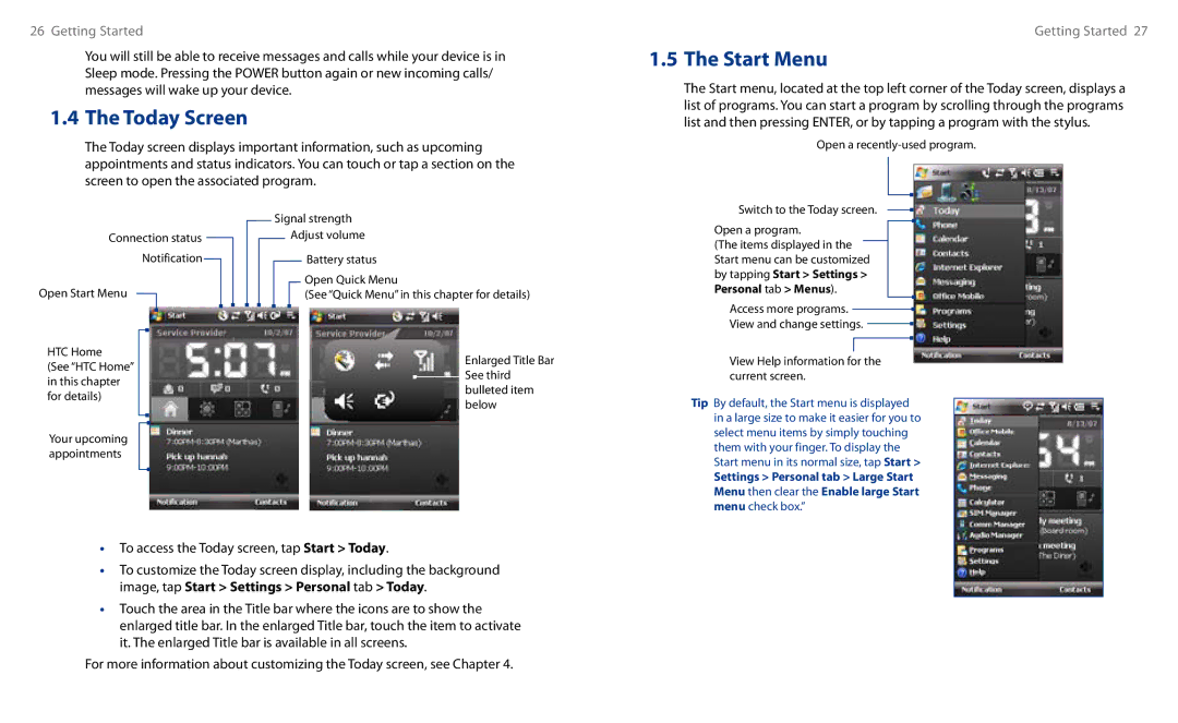 HTC HS S00 user manual To access the Today screen, tap Start Today, View Help information for the current screen 