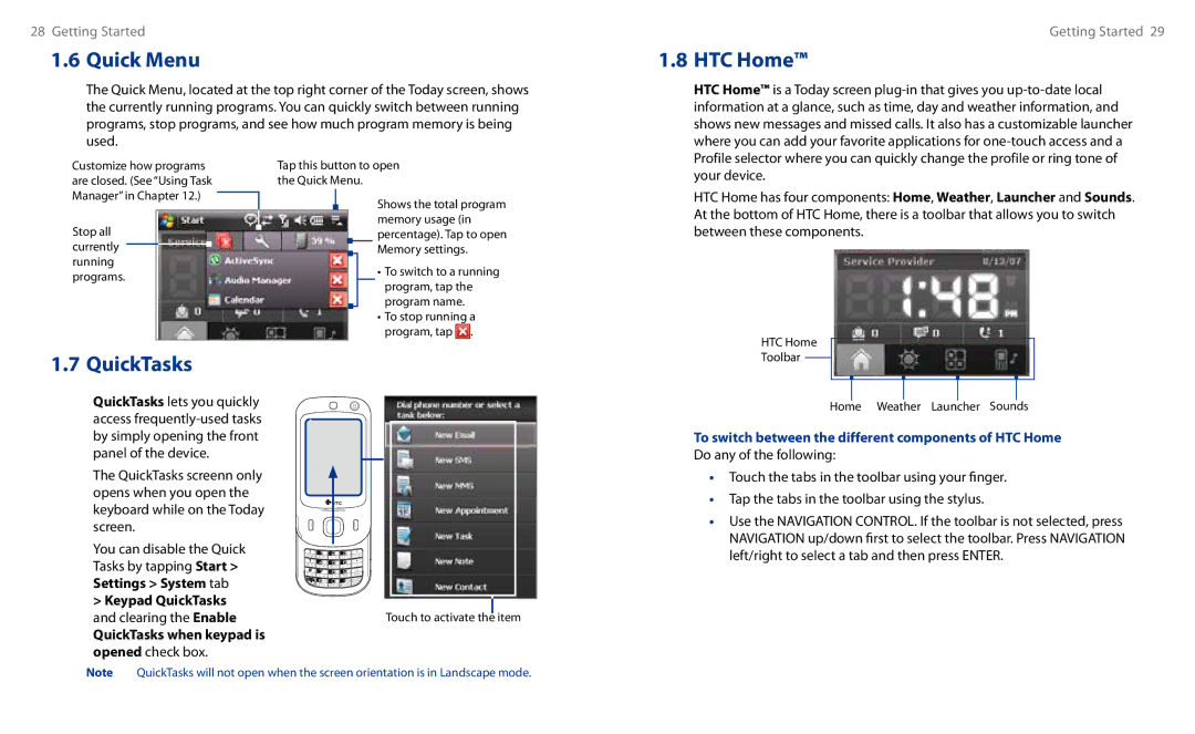 HTC HS S00 user manual Quick Menu, QuickTasks when keypad is Opened check box 