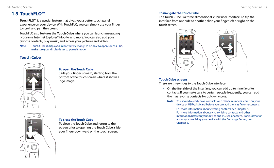 HTC HS S00 user manual To open the Touch Cube, To close the Touch Cube, To navigate the Touch Cube, Touch Cube screens 