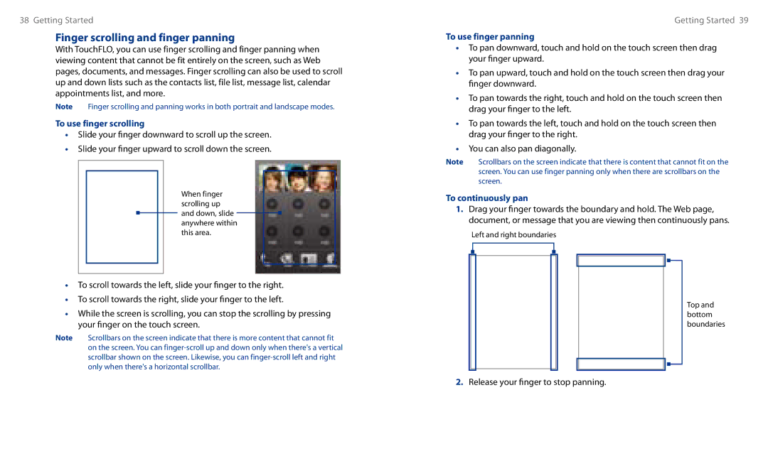 HTC HS S00 Finger scrolling and finger panning, To use finger scrolling, To use finger panning, To continuously pan 